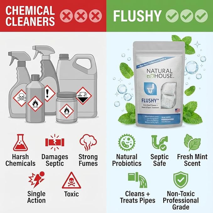 Natural House Flushy - Probiotic Toilet Bowl Cleaner Pods - Septic Safe - Removes Hard Water Stains - Fresh Mint Scent - 60 count