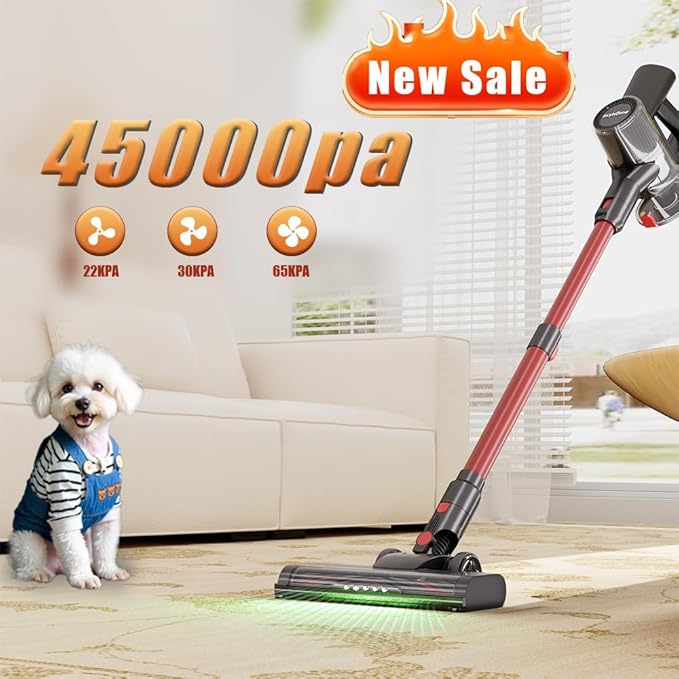 Cordless Vacuum Cleaner Home Lightweight Cleaner with LED Display 3 Modes 6 in 1 Stick Vacuum House Rechargeable of 45Min Detachable Battery Self-Standing Cleaner Floor Carpet Pet Hair