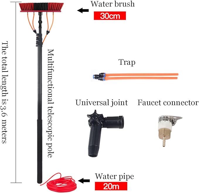 Water Fed Pole KitAluminum Outdoor Window Cleaner w/ 20m Hose Cleaning Tool for Window Glass Solar PanelAdjustable Window Cleaning Pole3.6m/12FT-30cm