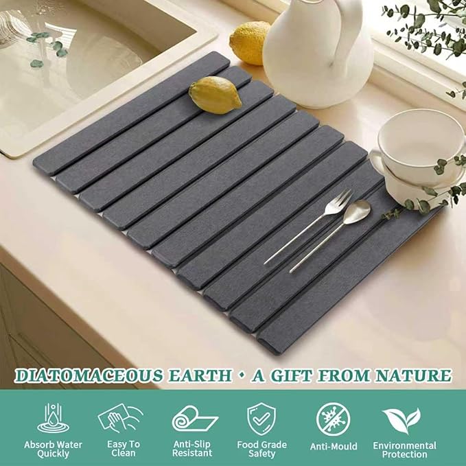 Stone Dish Drying Mat for Kitchen Counter 24''×15'' Dishes Drying Matt Kitchen Counter Absorbent Diatomaceous Earth Bath Quick Dry Mats for Tableware Bottles and Cup (Dark Grey)