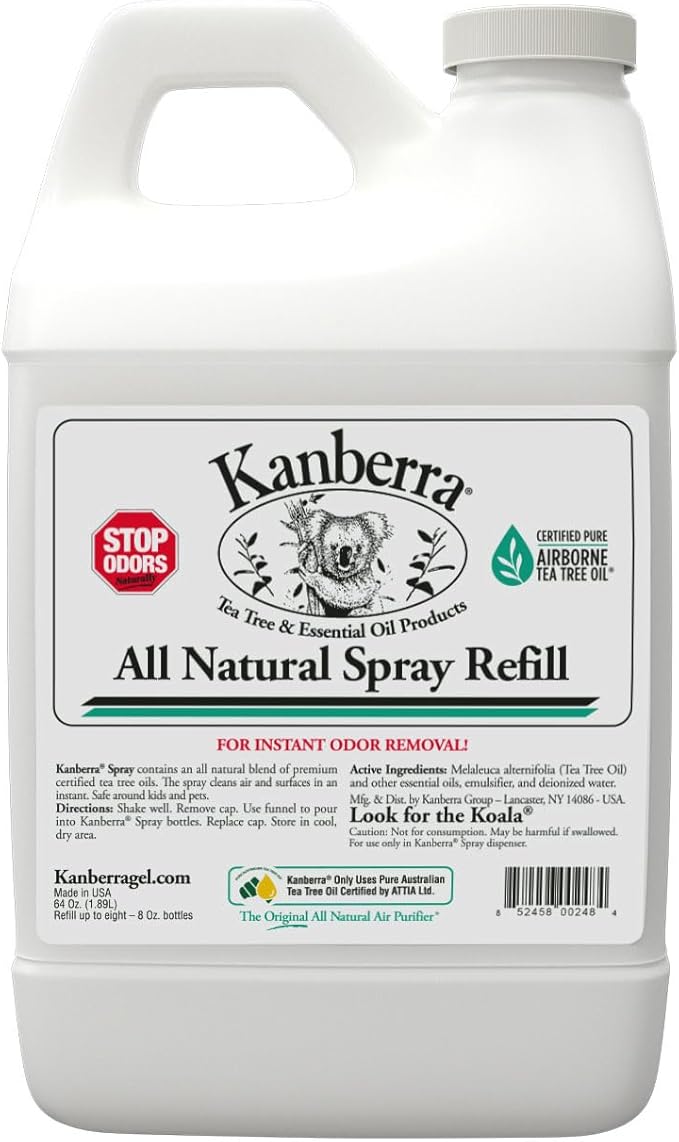 Kanberra Spray Refill - 64 oz. - All-Natural Odor Eliminator &amp Air Freshener for Home Car RV Boat Gym Bag | Eco-Friendly Long-Lasting Tea Tree Oil Formula Safe for Pets and Family.