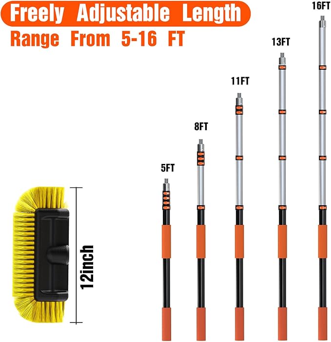 16FT Car Wash Brush with Long Handle Car Cleaning Brush with 12 Inch Soft Bristle Solar Panels Cleaner with Telescoping Pole for RV Truck Boat House Siding