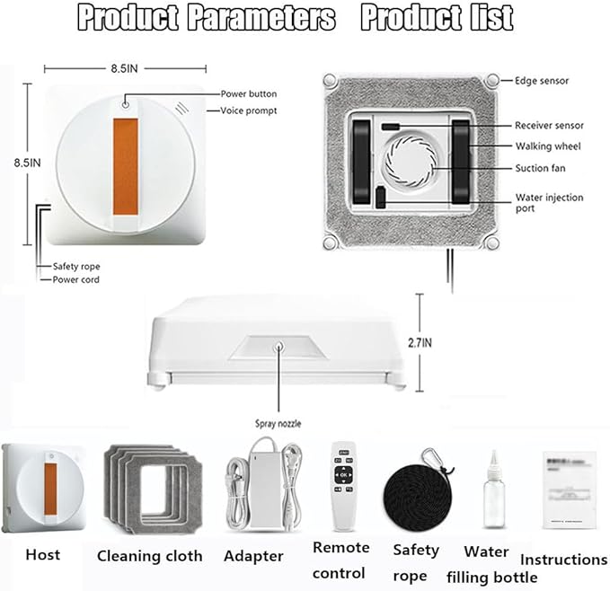 Window Cleaner Robot Intelligent Double-Spray Window Cleaning Robot 3000pa Square Glass Cleaning Robot Remote Control Automatic Glass Cleaner Wet And Dry For Windows Desktops Tiles