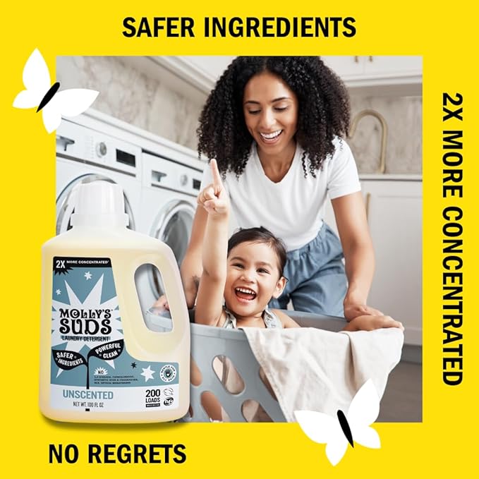 Molly's Suds Liquid Laundry Detergent | Clean Laundry Detergent Soap for Sensitive Skin | 2x Concentrated High Efficiency (HE) (Unscented - 200 Loads)