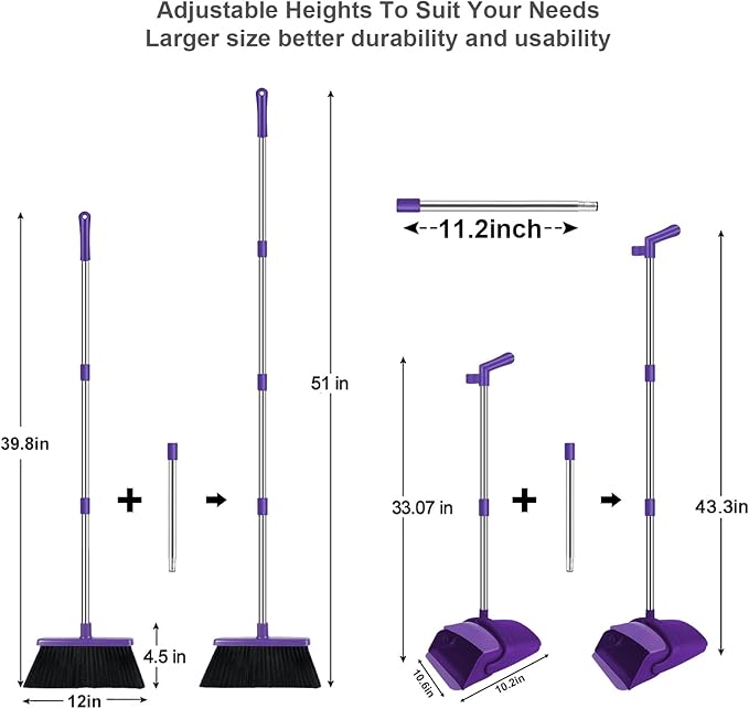 Purple Broom with Dustpan Combo Set 51 Long Handle Household Cleaning Tool Ideal Broom and Dustpan Set for Pet Hair and Home Use