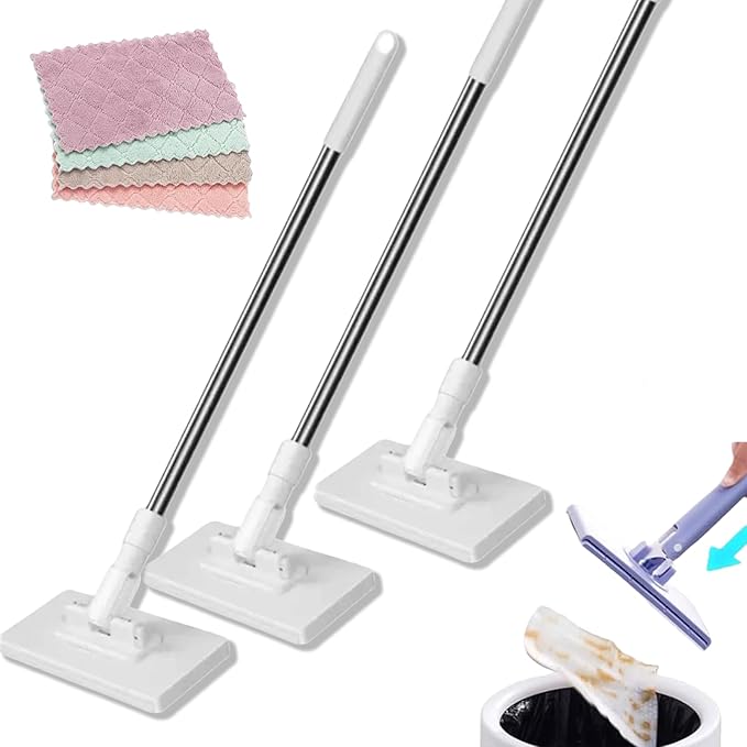 Lazy Mop Wet and Dry Clip No Wash Disposable Dust Push Pull Mini Mop Zero Touch Clever Automatic Cloth Changing Mops with 4 Reusable Cloths for Home (White3)