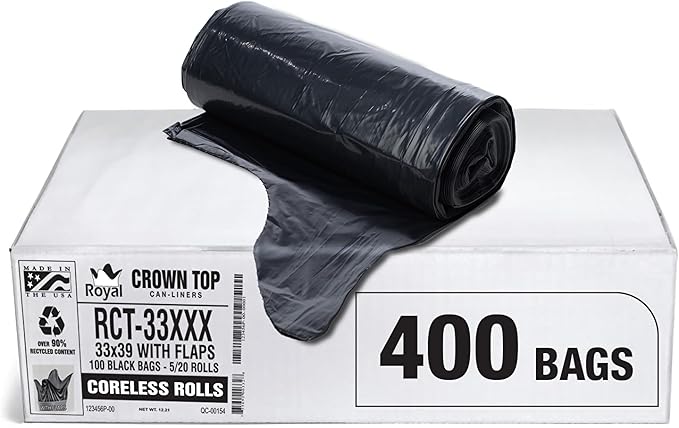Heavy Duty 33 Gallon Trash Bags (Huge 400 Ct. /w Flap Ties) - 2 MIL equiv. Thick Gauge Large Black Plastic Garbage Liners for Kitchen Home. Outdoor Lawn Yard Contractors Brute/Rubbermaid cans