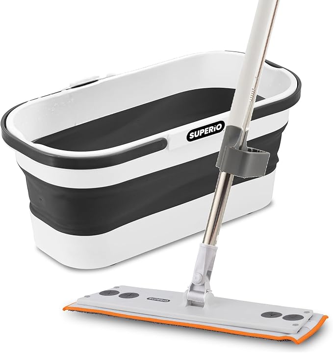 Superio Fold N' Go 10L Collapsible Mop Bucket with Wheels &amp Self-Wringing Microfiber Flat Mop - Portable Hands-Free Cleaning Set for Home Car Kitchen Bathroom Hardwood &amp Tile Floors