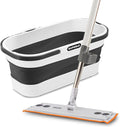 Superio Fold N' Go 10L Collapsible Mop Bucket with Wheels &amp Self-Wringing Microfiber Flat Mop - Portable Hands-Free Cleaning Set for Home Car Kitchen Bathroom Hardwood &amp Tile Floors