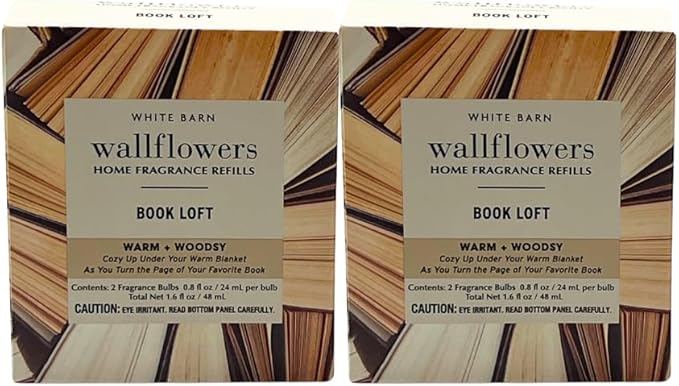 Bath &amp Body Works Book LOFT Wallflowers Refills 4-Pack – Warm &amp Woodsy Scent – Gift Set with 30-Inch Champagne Gold Linen Ribbon – 2 Bulbs per Box (0.8 fl oz Each)