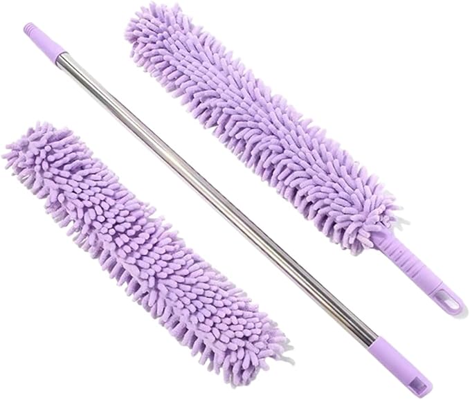Extendable Pole Microfiber DusterHand Washable Dusters with 2pcs Replaceable HeadHousehold Sweeping Cleaning Dusting for Cleaning Car Window Furniture OfficeCeiling Fan ﻿(Purple)