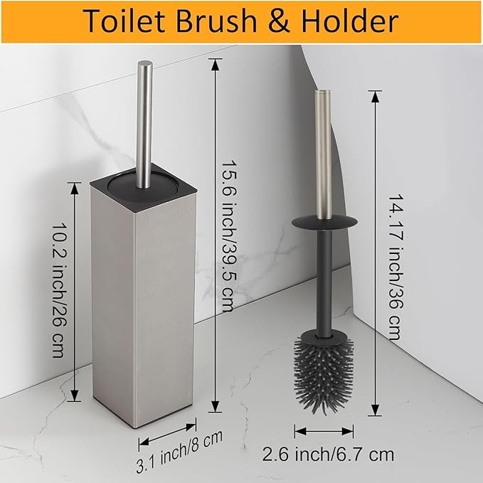 BGL Toilet Brush and Holder Set Brushed Nickel Aluminium Freestanding Toilet Bowl Cleaner Brush and Holder for Bathroom Storage and Organization Square Design Sturdy and Space Saving