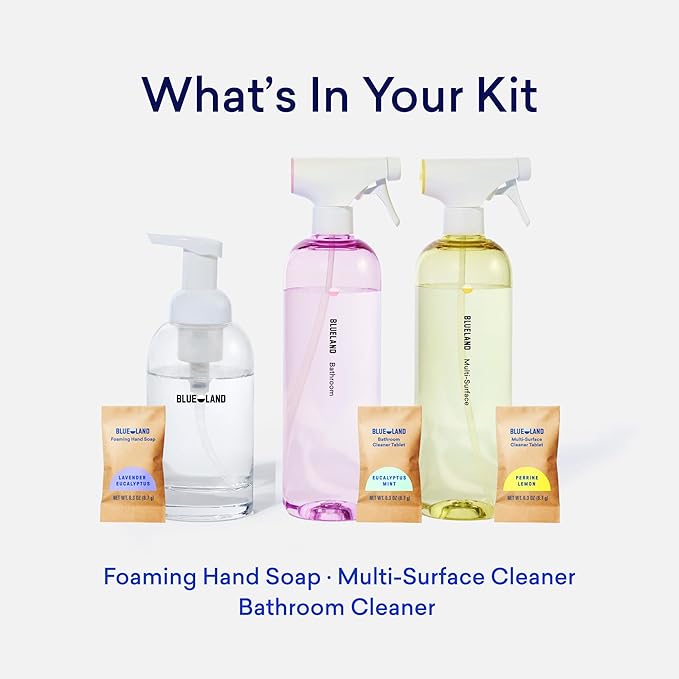 BLUELAND Clean Home Kit 3 Reusable Bottles with 3 Tablets Makes 1 Bottle Each of Foaming Hand Soap Multi-surface Cleaner Bathroom Cleaner