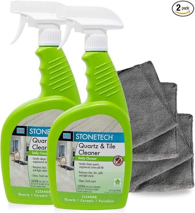 StoneTech Quartz &amp Tile Cleaner Spray – Quartz Countertop Cleaner for Engineered Stone Ceramic &amp Porcelain – Removes Dirt &amp Spills – 2-Pack 24oz Each + 2 Microfiber Cloths Fresh Scent