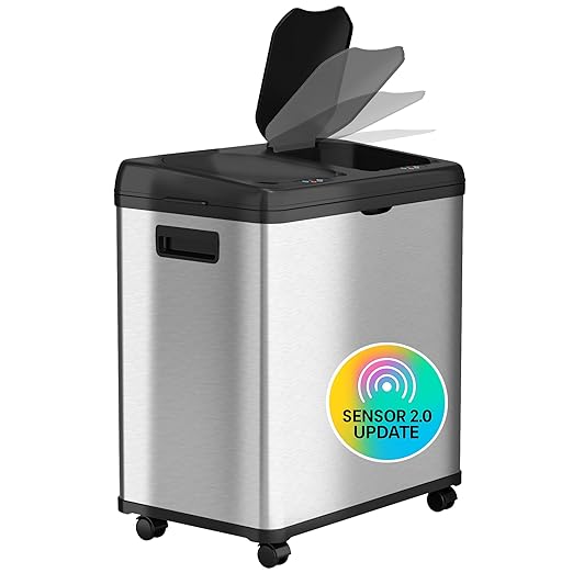 iTouchless 16 Gallon Sensor 2.0 Technology Dual Compartment Kitchen Trash Can and Recycle Bin with Wheels Stainless Steel Automatic 8 Gallon Per Side for Home Office Store Business