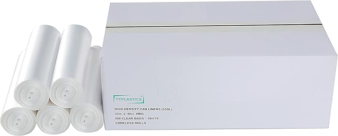 TYPLASTICS 33 Gallon Clear Trash Can Liners - 33 x 40 - High Density Garbage Bags - Case of 500 - Multipurpose for Office Outdoor Recycling Industrial and Commercial