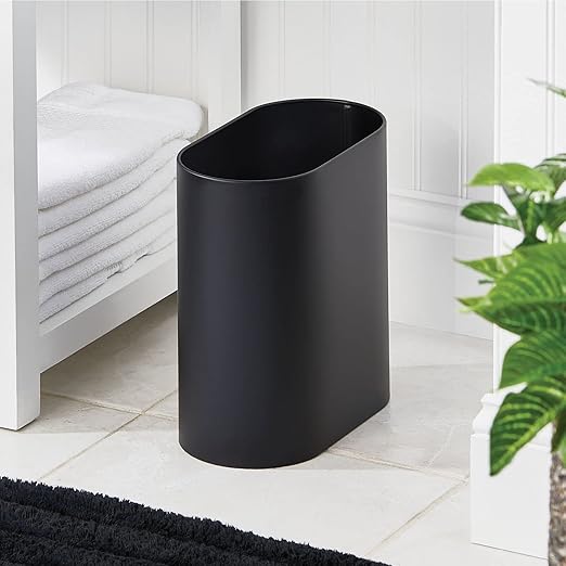 mDesign Slim Pill-Shaped Metal 1.98 Gallon/7 Liter Recycle Trash Can Wastebasket Garbage Container Bin - Bathroom Kitchen Bedroom Office - Durable Stainless Steel Mirri Collection Black