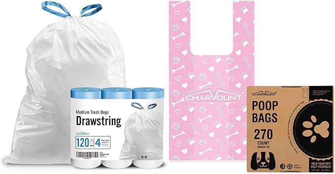 Charmount 120 Count 4 Gallon Drawstring Small Trash Bags/ 270 Counts Large Dog Poop Bags with Handles Bundle