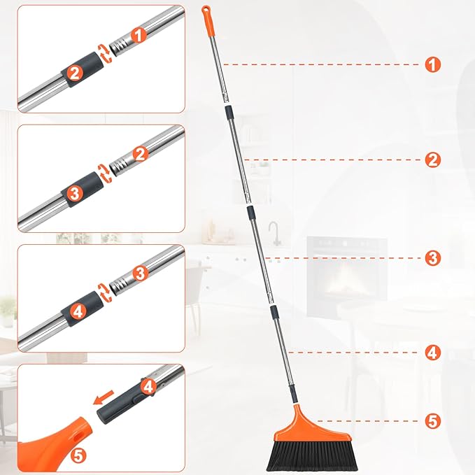 4 Pack Heavy-Duty Angle Broom for Floor Cleaning with 52 Long Handle Stiff Bristle Angle Commercial and Industrial Broom Indoor Outdoor Broom for Garage Kitchen Office Lobby Patio