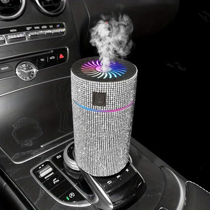 Luxury Rhinestone Car Diffuser Humidifier With LED Light Auto Air Purifier Aromatherapy Diffuser Air Freshener Car Accessories (white)