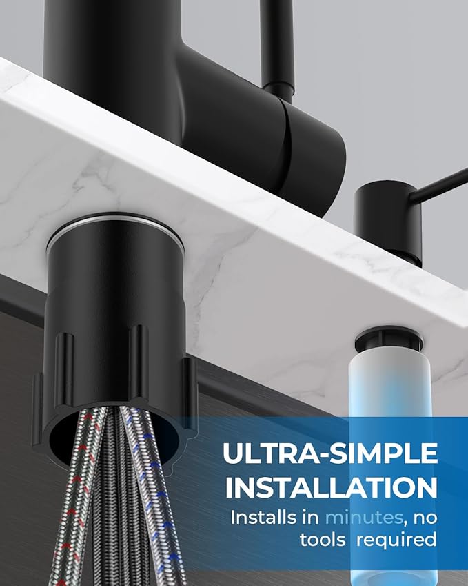 WEWE Kitchen Faucet with Soap Dispenser and Pull Down Sprayer RV Single Handle Classic 3 Modes Stainless Steel Faucet for Kitchen Sink RV Matte Black
