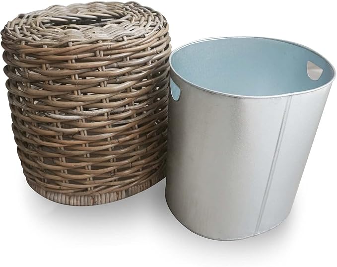 The Basket Lady Drop-in Oval Wicker Waste Basket with Removable Metal Liner Serene Grey 12 L x 9.5 W x 12 H 3 Gallon Capacity