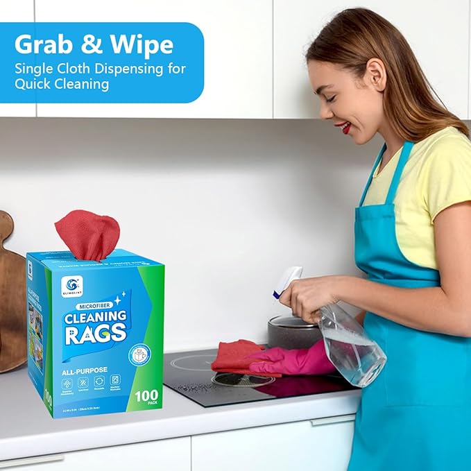 GLIMGLINT Red Microfiber Cleaning Cloth 100 Pack Cleaning Rags Lint-Free Ultra Absorbent Reusable Paper Towels for Home Kitchen Car Garage or Shop Dish Rags 11 x 9