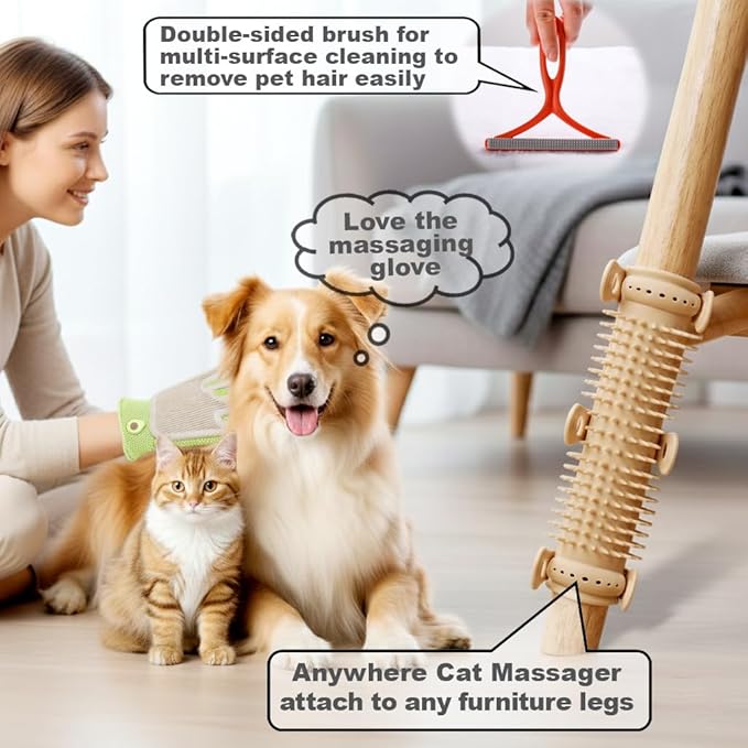 Petpals Pet Hair removal Tool Portable Flexible Cat Massager2 in 1 Pet Grooming Glove Cat/Dog Hair Removal Brush for Rugs Couch Furniture 3 in 1 BundleValuable Kit