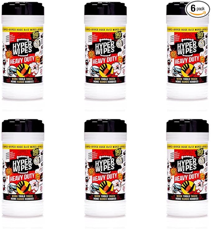 Hyper Wipes 6 Pack Heavy Duty Hand &amp Tool Cleaning Wipes 8x12 Size Multi-Surface Cleaning Wipes Degreasing All Purpose Cleaner Bathroom Mechanic Work Surface Wipes 540 Count Canister