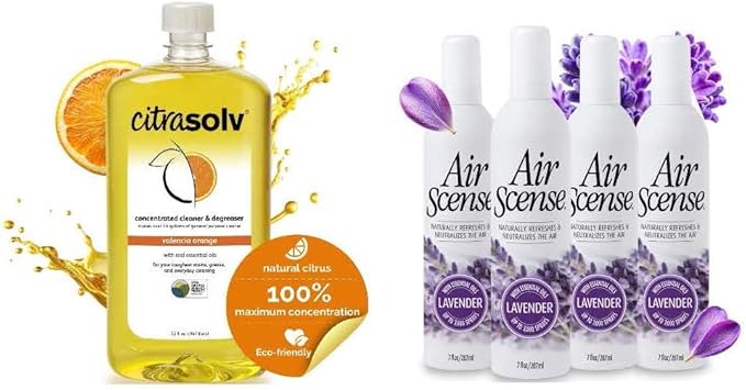 Citra Solv &amp Air Scense | Special Bundle | Concentrated Cleaner &amp Degreaser 32 fl oz| Essential Oil Air Freshener Lavender 7 fl oz 4PK| Household Cleaner Non-Aerosol | Valencia Orange &amp La
