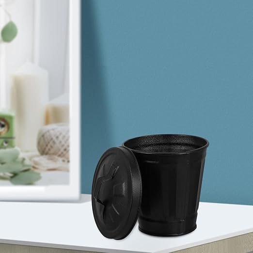 5pcs Mini Lidded Tiny Trash Can Set Galvanized Iron Desktop Organizer and Flower Pot for Living Room Bedroom Black 9x9.5x6cm Wastebasket for Tabletop Storage and Small Garbage