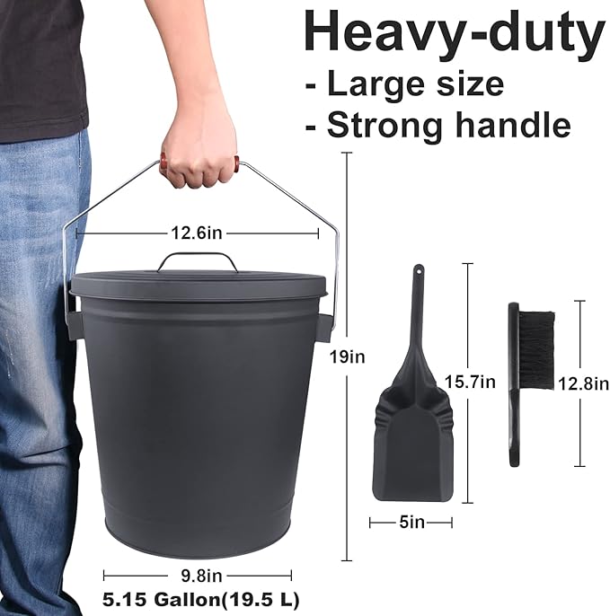 Ash Bucket with Lid and Shovel Hand Broom 5.15 Gallon Large Galvanized Iron Metal Fireplace Tools Ash Pail for Fire Places Fire Pits Wood Burning Stoves Hearth Accessories Indoor Outdoor Black