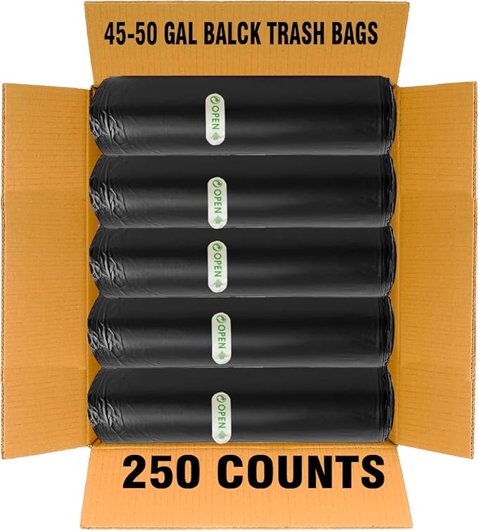 40-45 Gallon Lawn &amp Leaf Trash Bags 250 Count Bulk Black Garbage bags Multi-purpose Trash Can Bin Liners for Home Commercial Outdoor Construction Industrial