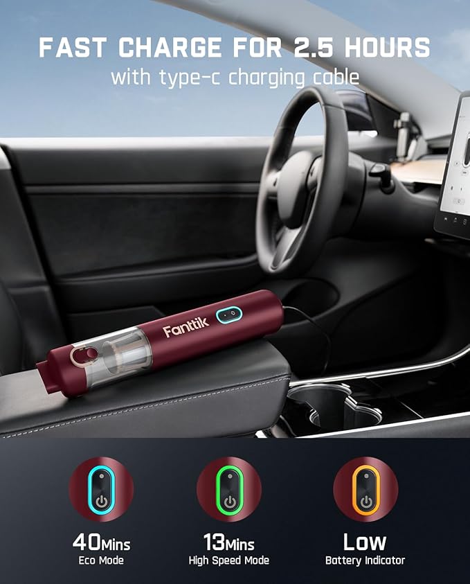 Fanttik Slim V8 APEX Car Vacuum 4-in-1 Portable Mini Cordless Vacuum with 19000pa Suction Power Type-C Charge 2 Suction Modes Handheld Vacuum for Small Jobs Car Office Desk Keyboards (Red)