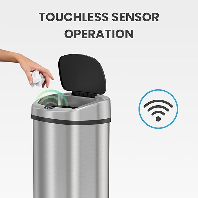 SensorCan 13 Gallon Oval Sensor Trash Can with AC Adapter and Odor Filter Automatic Motion Sensor Kitchen Bin Soft-Close Stainless Steel Slim Curved Wastebasket for Narrow Walkways Matte Silver