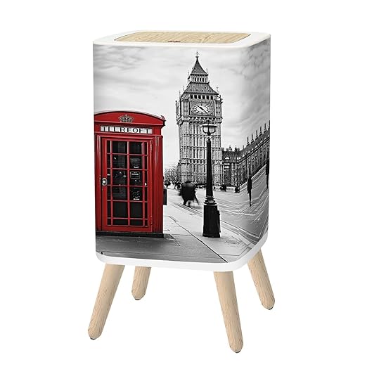 Small Trash Can with Lid London London Telephone boxs Pictures 2.6 Gallon/10L Garbage Can Waste Bin with Pop-Up Lid Wood Legs Wastebasket for Bathroom Kitchen Bedroom