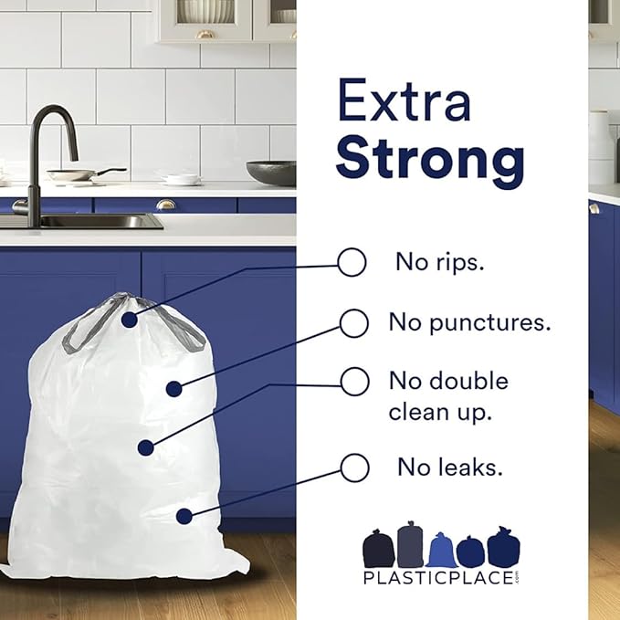 Plasticplace Drawstring Trash Bags Compatible with simplehuman Code P White Garbage Liners 13-16 Gallon / 50-60 Liter 23.5 x 31.5 (200 Count)