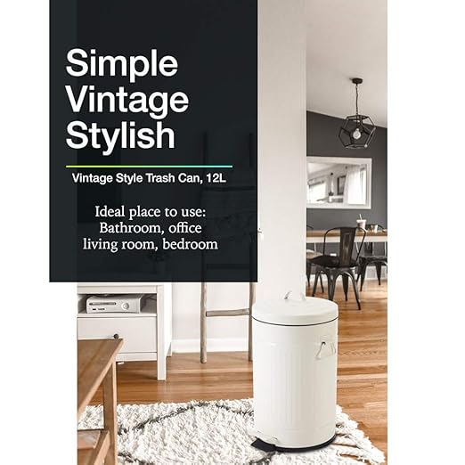 White Trash Can with Lid Bathroom Bedroom Waste Basket Soft Close Small White Garbage Can Retro Vintage Home Office Trash Can 12 Liter/3 Gallon Glossy Cream White