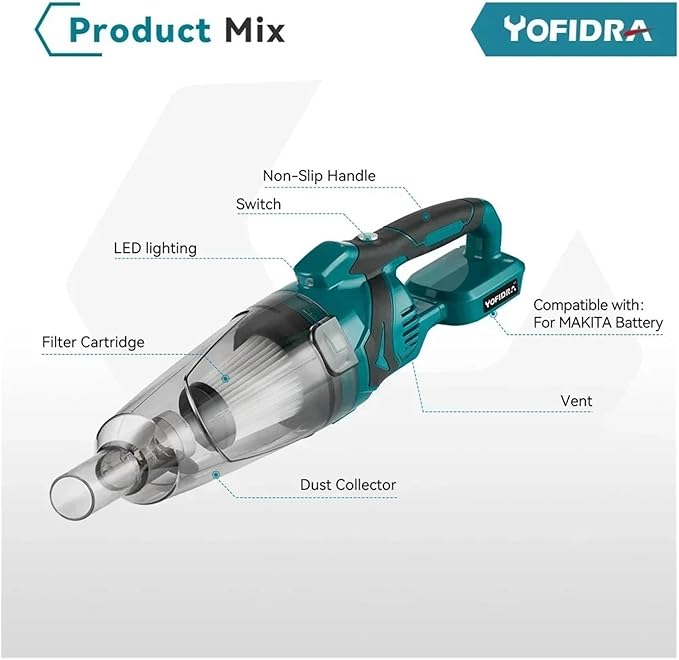 Yofidra Electric Cordless Vacuum Cleaner Household Indoor Hair Removal and Cleaning Power Tool Compatible for Makita 18V Battery Vacuum Cleaner Accessories