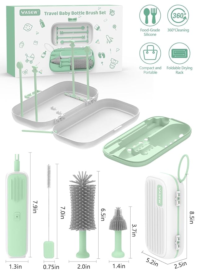 Electric Bottle Brush Cleaner Baby Bottle Brush Travel Set 360° Efficient Cleaning Durable 2000 mAh Battery Travel Bottle Brush Set with Drainage Rack and Storage Box Baby Travel Essential