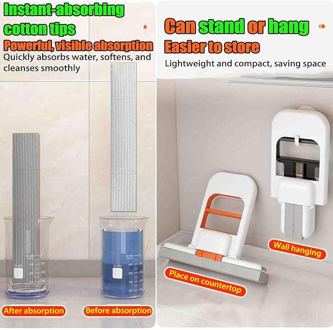 Mini Foldable Desktop MopSelf-Squeeze Portable Sponge MopWet and Dry Use Cleaning SystemOne-Hand Squeeze Handle Cleaning ToolNo-wash Small Mops for Bathroom Kitchens Desktop Glass (2pcs)