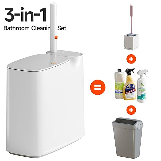 CTIME Family Bathroom Trash Can Set Includes a 2-Gallon Clean Trash Bin with a Toilet Brush 12 pre-Soaked Disposable Brush Heads a Small Bathroom Trash Can with Lid and a Smart Trash can.