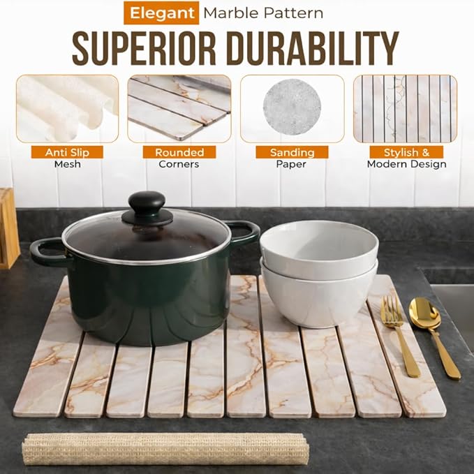 Large Stone Dish Drying Mat for Kitchen Counter 24(L)×16(W) – in Super Absorbent Diatomaceous Earth Drying Stone Quick-Dry &amp Collapsible for Dishes Bottles &amp Cups (White &amp Gold)