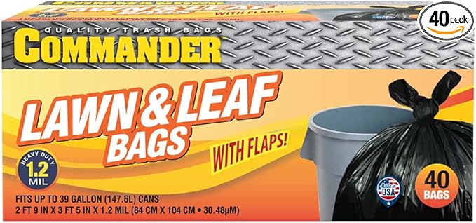 Commander 39 Gallon 1.2 MIL Black Garbage Bags with Flaps - 33 x 41 - Pack of 40 - For Home Kitchen Lawn &amp Commercial