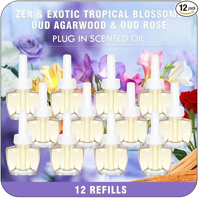 Plug In Refills Air Freshener -12 Pack Zen Exotic Tropical Blossoms Oud Agarwood Oud Rose 4 Scents for Home Bathroom Patio Compatible with Air Wick &amp Glade(Excludes Glade Plus)