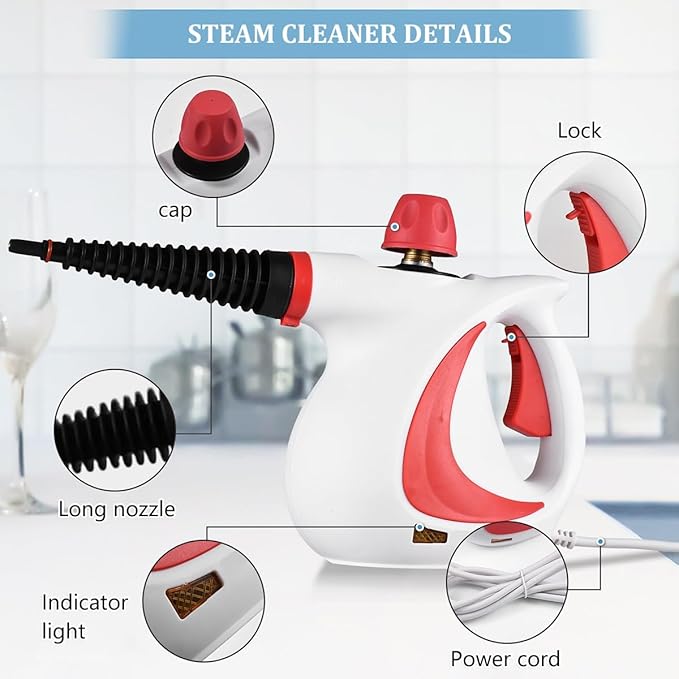 Natural Steam Cleaner Steam Cleaner Pressurized Handheld Steam Cleaner Portable Steam Cleaner Handheld High Pressure Multi-Purpose Steamer for Mattress Car Detailing Kitchen Bathroom(Red)