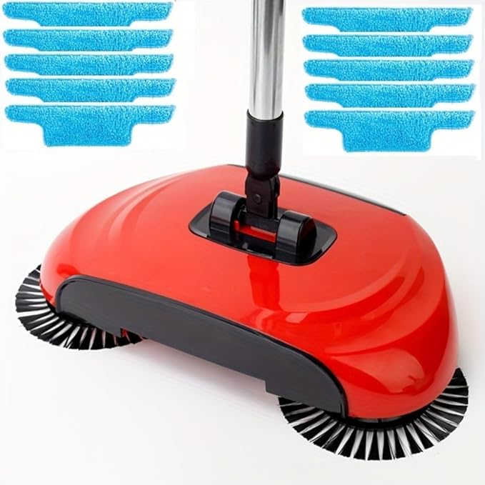3-in-1 Carpet Sweeper &amp Manual Push Mop 360° Rotating Handheld Cleaner for Hardwood &amp Ceramic Floors Compact Dustpan &amp Trash Bin – Bright Red