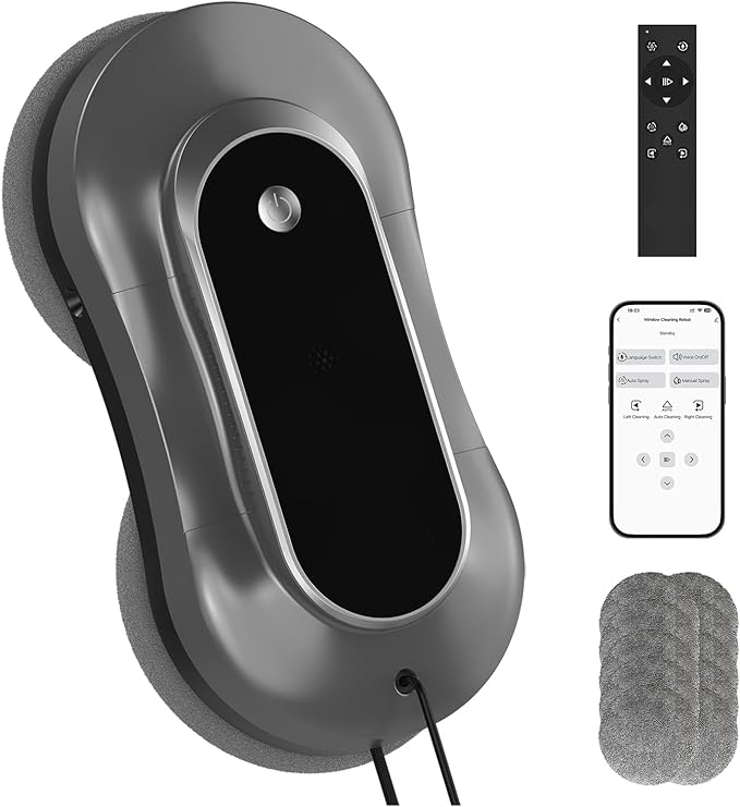 Intelligent Window Cleaning Robot - Electric Window Cleaner with Dual Water Spray Remote &amp App Control Suitable for Interior &amp Exterior Windows Includes 12 Cloths Grey