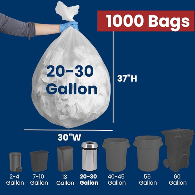 20-30 Gal Trash Bags | 500 Count | 30 X 37 Clear Large Garbage Bags for Household Use