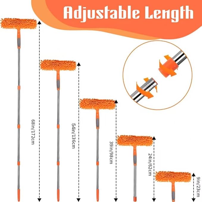 Window Squeegee Cleaner Kit - 2-in-1 Rotatable Window Cleaning Tool with Extension Pole Professional Streak-Free Squeegee with Bendable Head for Indoor/Outdoor Windows &amp Car Glass (Orange 38.45F